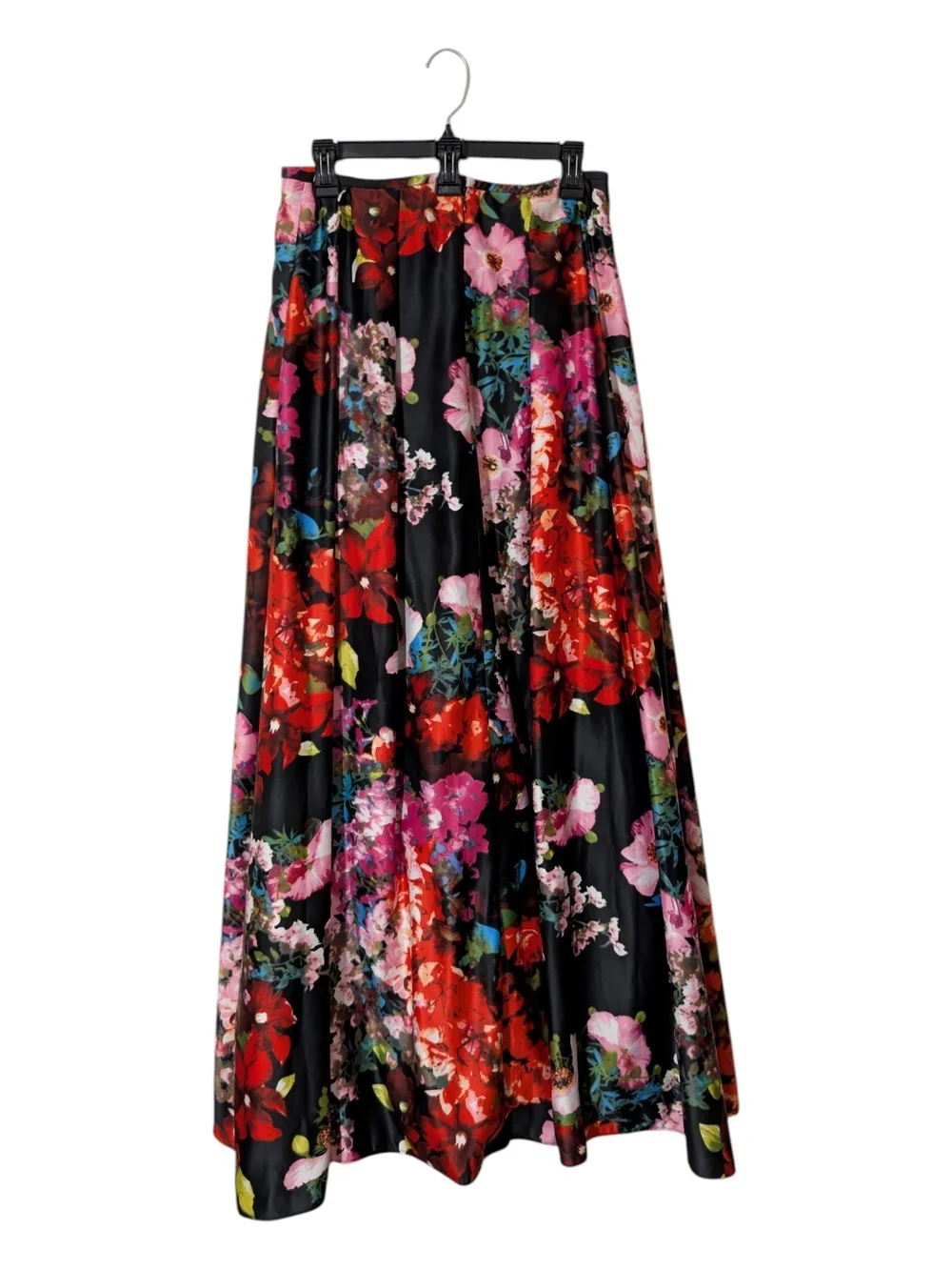 Blondie Nites Black Floral Maxi Skirt with Red & Pink Blooms W/ Pockets